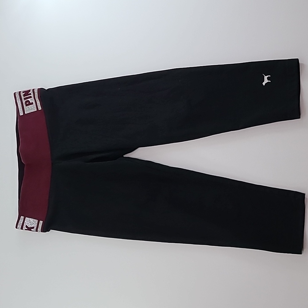 PINK YOGA VICTORIA'S‎ SECRET Black Leggings Bling Rhinestone Logo - Size Small